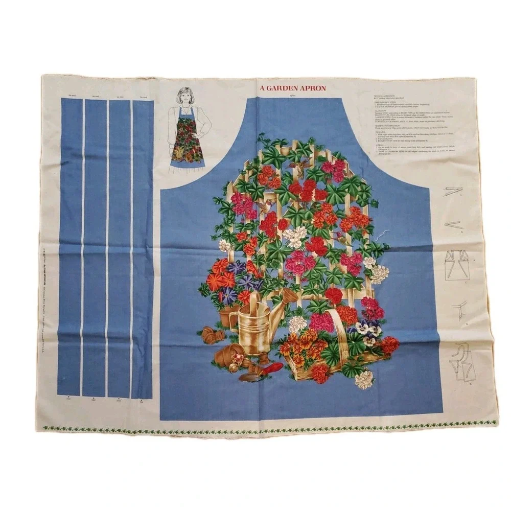 Vintage Joan Messmore VIP Garden Fence Hummingbird Floral Apron Fabric Panel